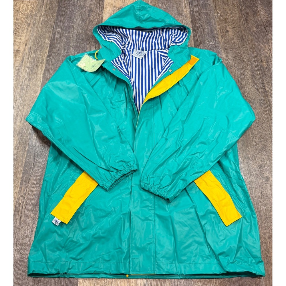 Charles River Apparel Rain Jacket Mens XL Teal Yellow Striped Lining Vintage NEW